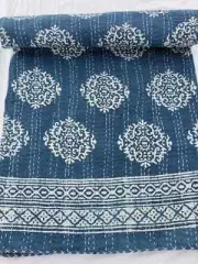 Unique Indian Kantha Hand Block Print Quilt Handmade Bedspread Blanket King Size