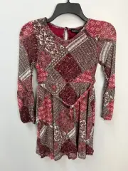 Trixxi Girl Maroon Floral Patchwork Print Dress Girls' Sz Medium Long Sleeve