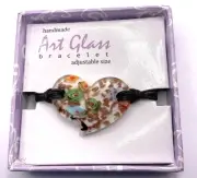 Vintage Handmade Heart Blown Art Glass Golden Floral Millefiori Bracelet