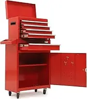Bullet 5 Drawer Tool Box Cabinet Chest Storage, with 1-Door Toolbox Garage Organiser Set, Red