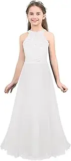 [Yruioon] Flower Girls Halter Lace Top Chiffon Maxi Dress Wedding Bridesmaid Party Cocktail Ball Gown