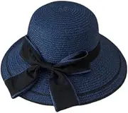 [Tooe] Women Wide Brim Straw Roll Up Hat with Ribbon Bow Foldable Summer UV Protection Beach Travel Cap, Blue, Large