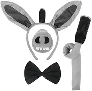 4 Pcs Donkey Costume Set - Ears Headband, Nose, Tail and Bow Tie - Animal Fancy Dress Kit Party Accessories for Halloween, Birthday, Christmas, Cosplay Dress Up Party Decorations, Gray