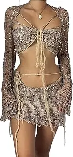 [HGps8w] 2 Piece Skirt Outfit for Women Sequins Beaded Sweet Y2K Sexy Backless Crop Top and Skirt Rave Festival Matching Sets, 01 Beige, Large