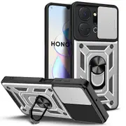 case For Honor X7A 5G Slide Camera Lens Protection and Built in 360 Rotatable Ring Holder - Silver