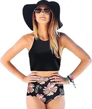[MANSY] Women's 2PCS Tripe Padded Push Up High Waisted Bikini Swimsuit Swimwear