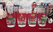 CRATE & BARREL JOLLY TREES GLASS TUMBLERS (4) -NIB- LET’S DRINK TO HOLIDAY FUN!