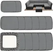Sqodok Outdoor Cushion Covers 14Pcs Patio Cushion Slipcovers, Replacement Waterproof with Zipper for 6-Seaters Sofa, Outdoor Furniture Cushion Slipcovers Set Seat and Back, Covers Only, Grey
