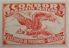 OLD MATCHBOX LABEL- CONDOR PARAFFIN MATCHES - BOLIVIA