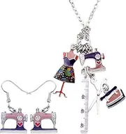 [DUOWEI] Vintage Sewing Machine Earring Necklace Enamel Alloy Rhinestone Ruler Scissor Tailor Iron Tools Jewelry Sets Pendant for Women Teen Girl Seamstress Charm Gift