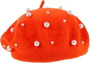 [Ipetboom] Women Beret - Plush Warm Beret Caps with Star Beads and Pearl Studs French Style Beanie Hats for Ladies Parties and Daily Wear Orange
