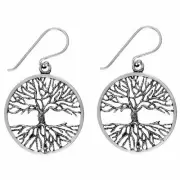 Sterling Silver Dangle Earrings Round Detailed Wiccan Tree of Life - Silverly