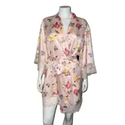 INC Pink Butterfly Floral Lace Trim Wrap Robe Medium NWT