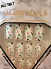 PRESS ON SQUARE SHAPED NAILS WHITE PRINT DESIGN NO GLUE NEEDED (12 Nails)
