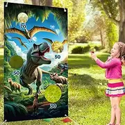 Dinosaur World Toss Game Banner with 4 Bean Bags, Tropical Rainforest Photo Door Banner, Fun Activities Throwing Game