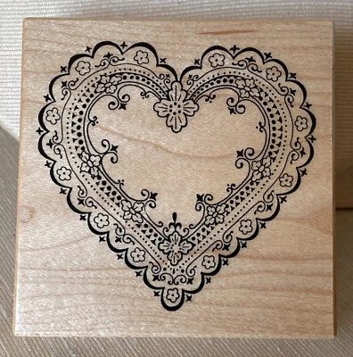 NEW WOOD MOUNT RUBBER STAMP LACE OPEN HEART ORNATE USA 1991 PSX G-539 3”x 3”