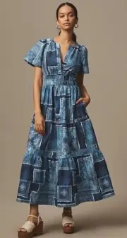 Anthropologie The Somerset Maxi Dress Bandana Patchwork Print Blue L NWT