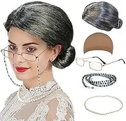 QNPRT Old Lady Cosplay Set - Grandmother Wig, Wig Cap,Madea Granny Glasses, Eyeglass Chains Cords Strap, Pearl Beads