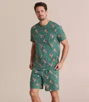 Men's Christmas Reindeer Green Cotton Pyjama Set