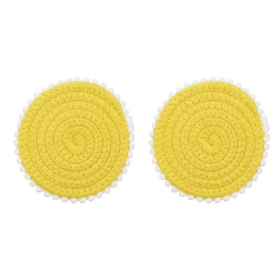 2Pcs Round Braided Placemats, 5.3" Woven Floral Edge Placemats (Yellow)