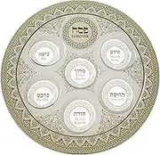 HOUSEOFGAFNI Transparent Painted Glass Passover Seder Plate Decorative with Sections for Pesach Symbolic Food 16" Diameter.