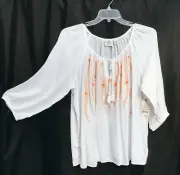 1X ST JOHNS BAY 100% COTTON WOVEN EMBROIDERED WHITE BOHO PEASANT BLOUSE TOP
