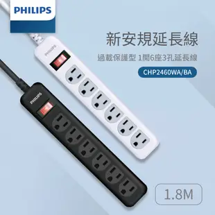 【Philips 飛利浦】 1開6插1.8M延長線可壁掛隱藏式開關3孔延長線扁頭延長線 安全防火延長線(CHP2460)