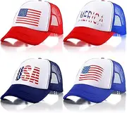 [Jiuguva] 4 Pcs American Flag Trucker Hat for Men Women USA 4th of July Patriotic Baseball Caps Independence Day Red White and Blue Caps Adjustable Classic 5 Panel Mesh Snap Back Hats, Red White and
