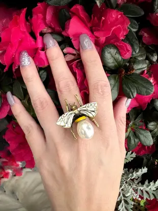 Brass Flying Bee Enamel Wings with Mother of Pearl Bead Bottom Ring.