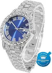 [Halukakah] Diamonds Gold Watch Iced Out,Men's 18K Real Gold/Platinum White Gold Plated 42MM Width Green/Blue/Red Dial Quartz Wristband 9.5" with Cuban Link Chain 8"+18" Necklace Bracelet,Free Giftbox