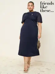 Friends Like These Navy Curve Scuba Midi Dress With Chiffon Overlay (F49559) | $115