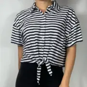 New SPLENDID Reg.P$108 Navy White Striped Tie Front Button Up Top Size Small