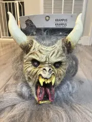 Krampus Gray Horned Devil Monster Adult Latex Halloween Mask New With Tags-USA