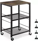End Table with Wheel Rustic 3Tier Side Table Nightstand StorageShelf Brown&Black