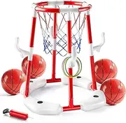Pool Basketball Hoop Toys,2-in-1 Floating Baskatball Pool Games with 4 Balls/12 Rings/Pump,Swimmming Pool Games for Kids & Adults,Indoor Outdoor Play Toys for Summer Parties & Backyard Play(Red)
