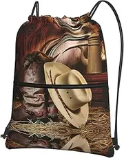 EdWal Cowboy Black Hat Western Boots Print Drawstring Backpack Gym Bags Sports Bags With Zipper Pocket For Travel Beach, Black, One Size