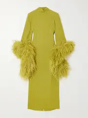[Taller Marmo] Taller Marmo - Del Rio Turtleneck Feather-trimmed Crepe Maxi Dress - Green - IT38 IT 38 Green