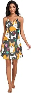 [RPLIFE] Cute Cartoon Dogs Poses Women's Satin Slip Dress, V Neck Sleeveless Sleep Shirts for Women, S-XXL