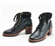New Jack Rogers Harper Leather Lace Up Hiker Knit Block Heel Boots Black Size 9M