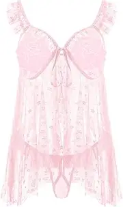 [CRIPOM] Sexy Lingerie for Women Naughty Babydoll Lingerie, Front Closure Crotchless Lingerie Outfits Chemise Negligee, Light Pink, XX-Large