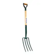 4-Tine Garden Digging Fork with Wooden D Handle, Spading Fork for Digging Lawn