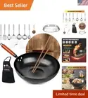 Elegant Carbon Steel Wok Set with Wooden Lid - 14 Cooking Essentials Included