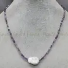 Faceted 3mm Natural Amethyst Round Beads White Baroque Pearl Pendant Necklace