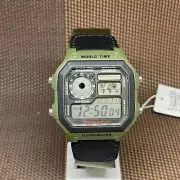 Casio AE-1200WHB-3B Green Nylon Band Digital World Time Square Men's Sport Watch