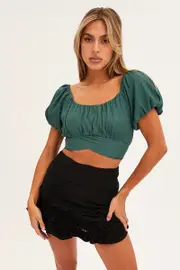 Teal Crop Top Short Sleeve Sweetheart Neckline Tie Back - Size 14, Women's Crop Top