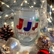 Christmas Stemless Wine Glass 15 Ounce Stockings Clear “Seasons Greetings”