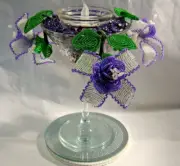 CRYSTAL & LILAC FUSCHIA TEA LIGHT HOLDER SET IN MARTINI GLASS (CUT) PURPLE