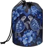 Poceacles Barrel Drawstring Makeup Bag for Women Large Travel Cosmetic Case Portable Toiletry Bag Organizer Storage Bag, Sea Turtle Flower Blue, One Size