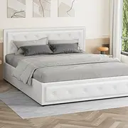 ALFORDSON Bed Frame Base with Gas Lift Storage Double Size Della Series, Mattress Topper Platform Foundation with PU Leather Upholstery for Bedroom, White