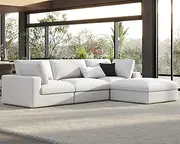 PaPaJet 114 Inches Sectional Sofa, Oversized Down Filled Modular Sectional Couch, 4 Seats L Shaped Sofa with Chaise, Ottoman, Cloud Couch for Living Room Apartment, White Linen